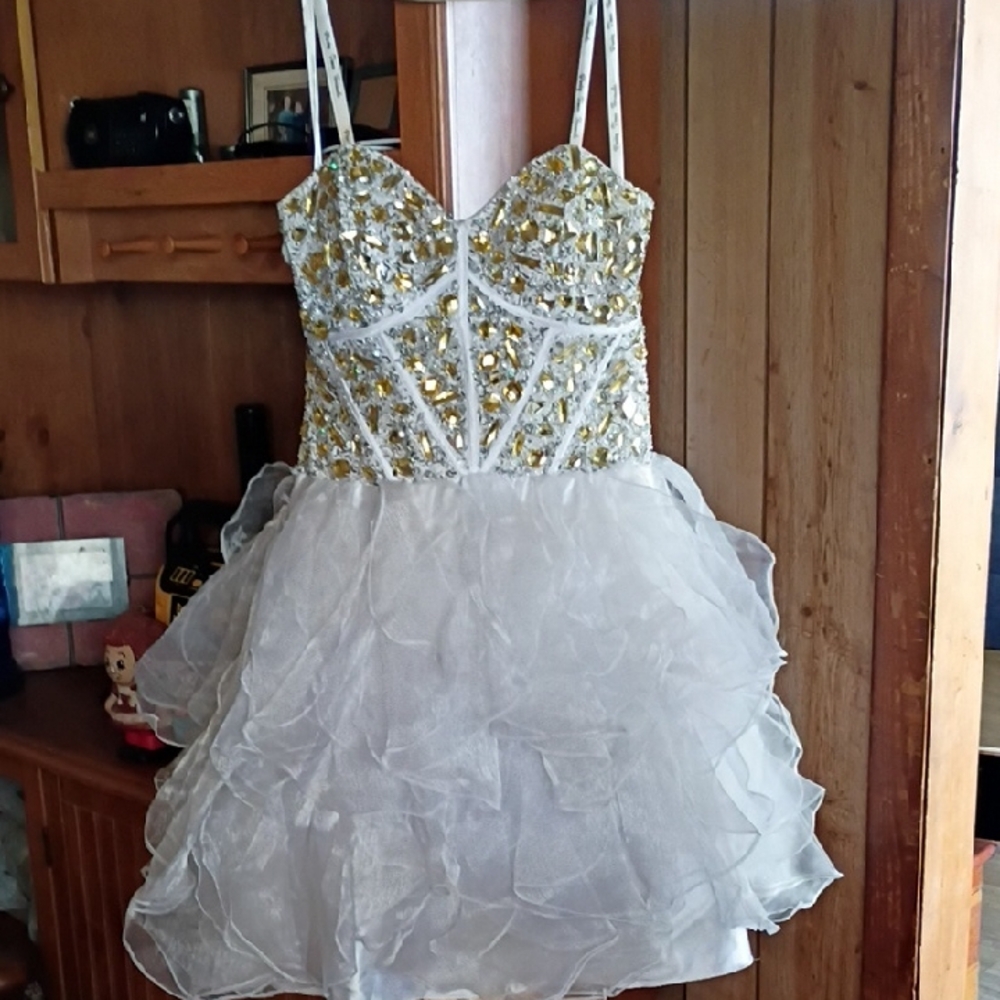 Girls White and Gold Sequin Ruffle Party Dress with Spaghetti Straps